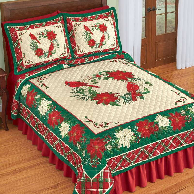 Festive Cardinal Poinsettia Wreath Holiday Quilt - King