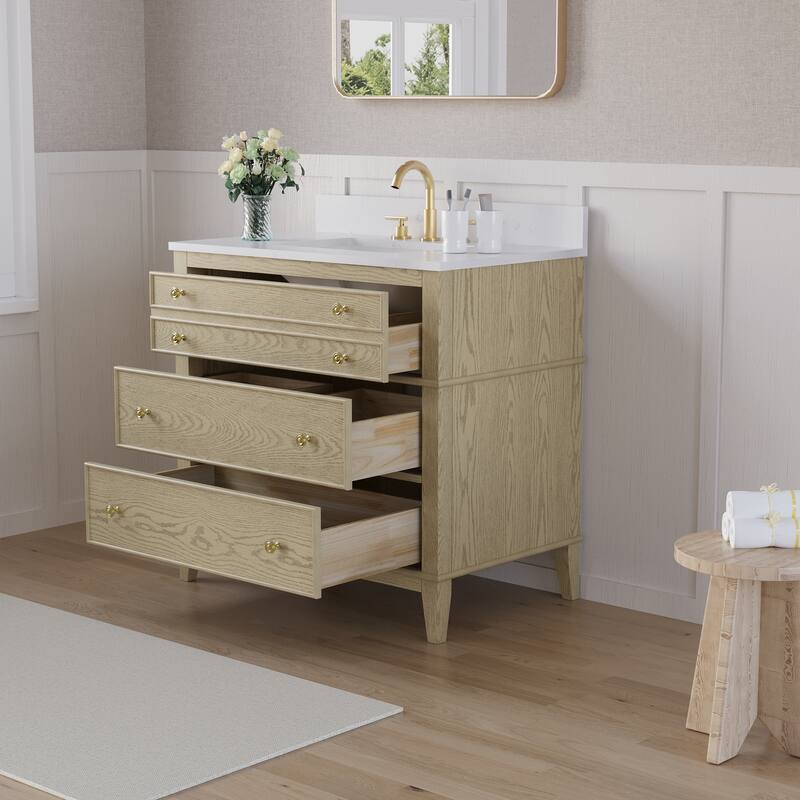 35''H Solid Wood Bathroom Vanity with Carrera White Quartz Top,Drawers And Single Sink