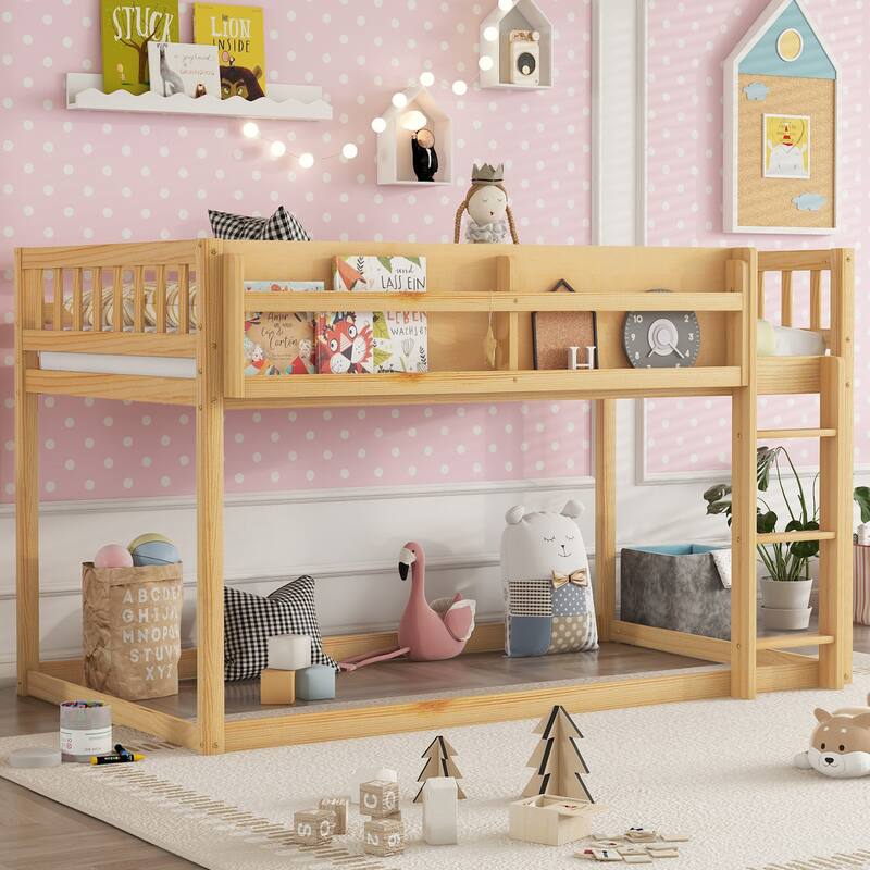 Roomfitters Twin Over Twin Bunk Bed, Low Floor Loft Platform Bed and Shelf with Wooden Frame for Bedroom