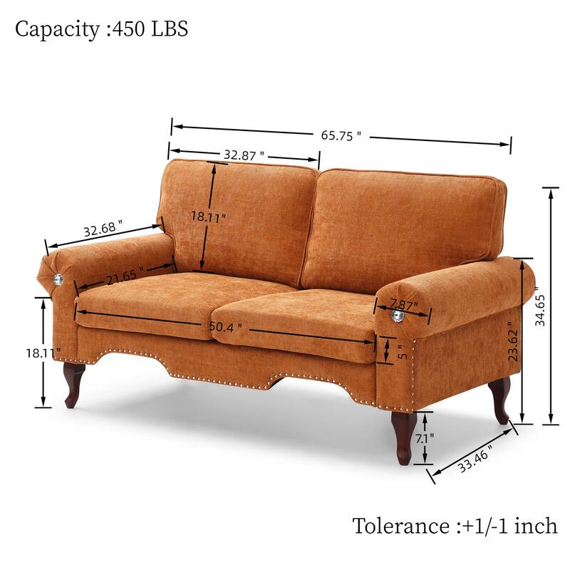2-Seater Sofa Couch with Crystal Button Accents, Sofa Couch Loveseat with Wooden Non-Slip Legs and Rolled Armrests