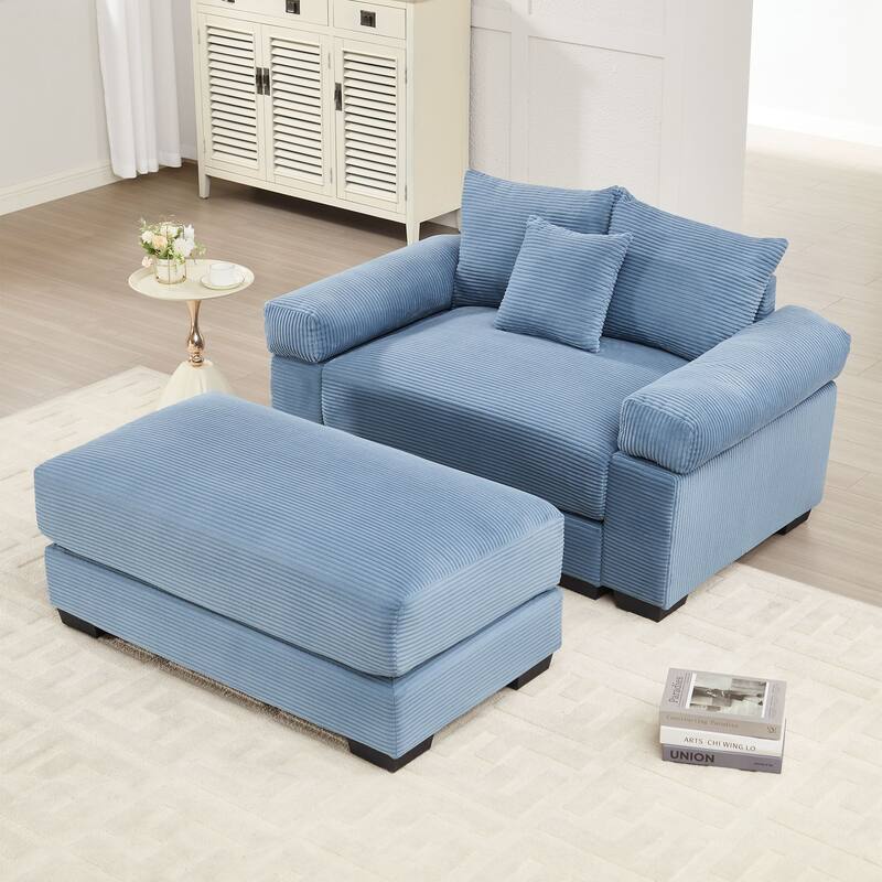 Rossetta Modern 54.3" Oversized Soft Cloud Corduroy Upholstery Extra-Thick Armrests Couch with Throw Pillows, 1 Movable Ottoman