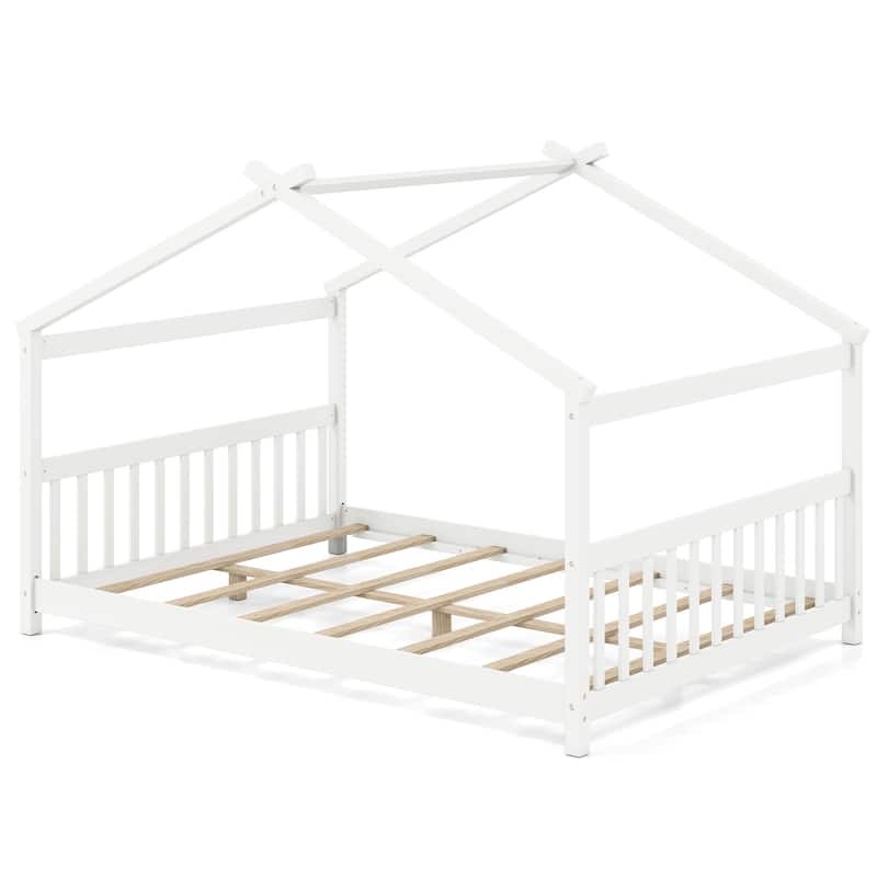 Full Size Kids Wooden House Design Platform Bed Montessori with Headboard and Footboard