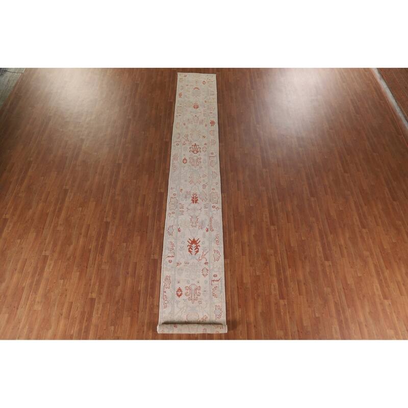 Hand Knotted Oriental 100% Wool Carpet Transitional All-Over Beige & Ivories Oushak Runner Rug - 17' 7'' X 2' 5''