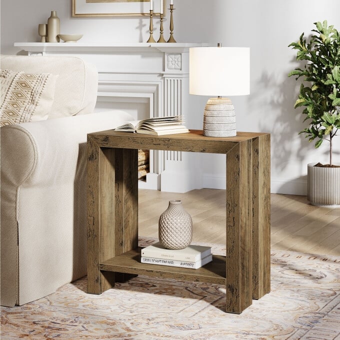 23.62'' Wooden End Table, Rustic Bed Side Table, 2-Tier Nightstand - 1PC