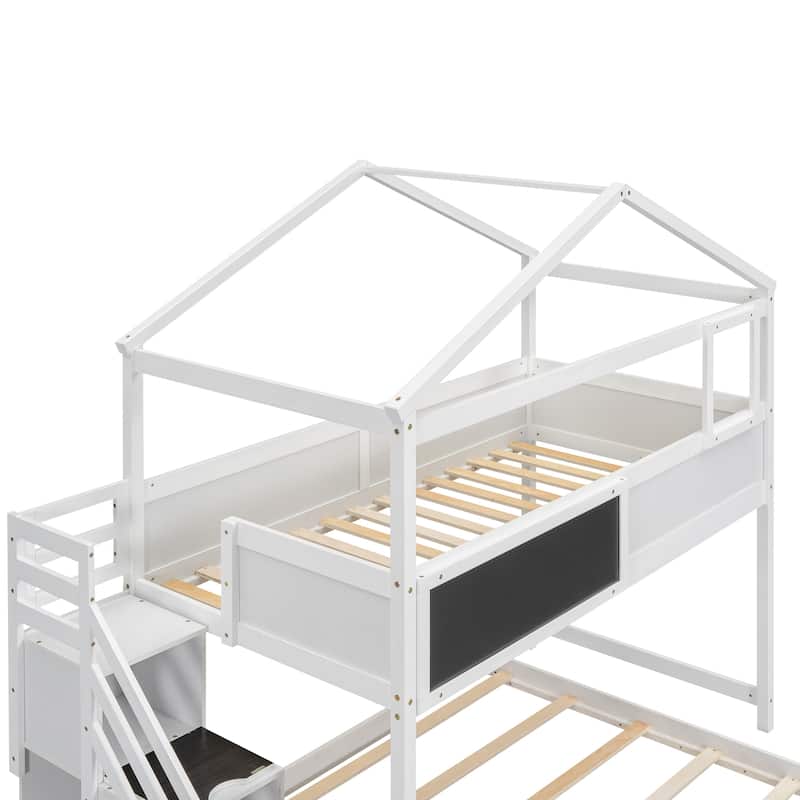 Twin Over Full Bunk Bed with Fun House Design, Storage Stairs, and Blackboard, Ideal for Kids' Rooms