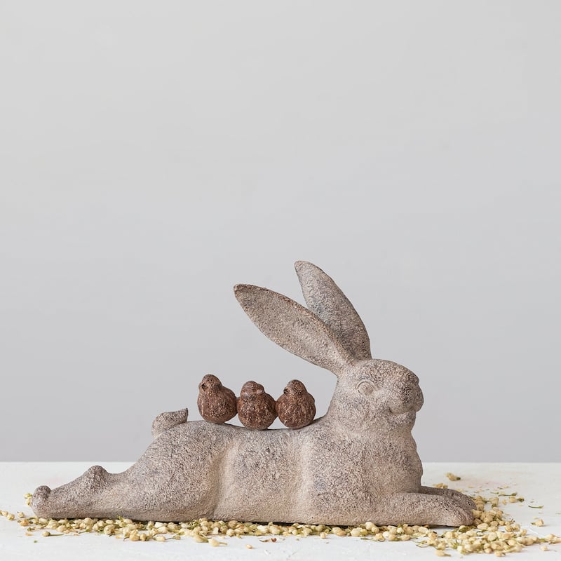 Decorative Resting Rabbit with Birds Figurine