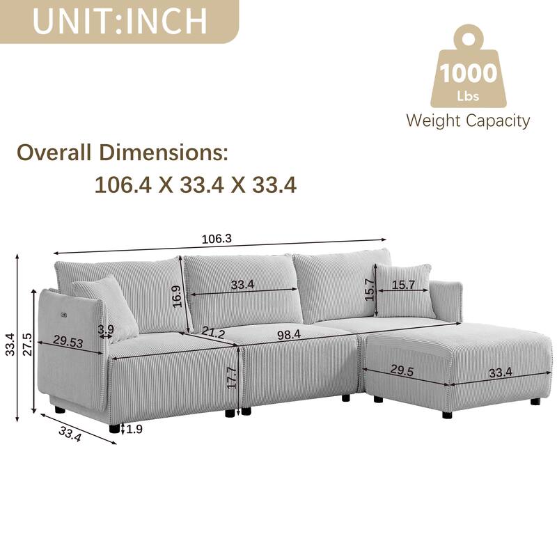 Corduroy Modular Combination Sofa with USB Ports, Gray, Modern Style,Two Sets聽