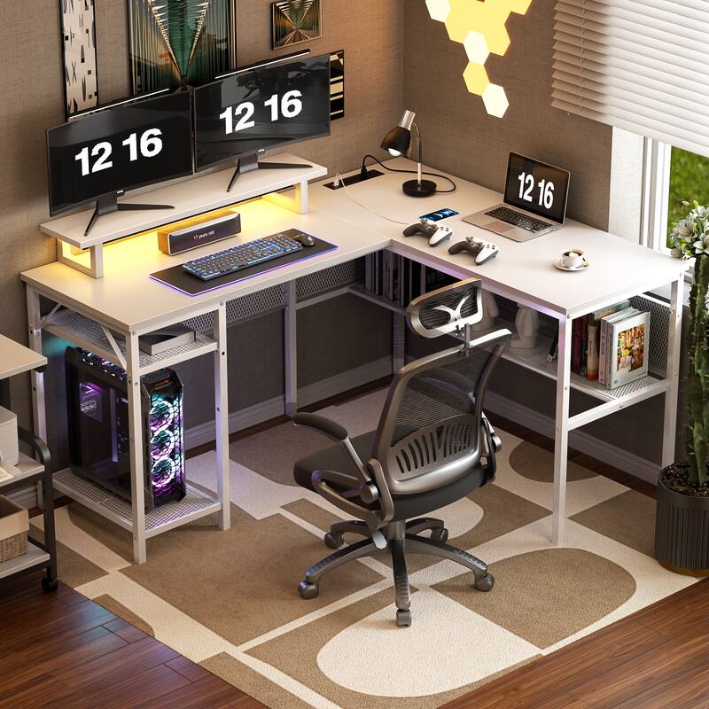 Computer Desk L-shaped Desk with Power Outlets and RGB LED and Monitor Stand - White