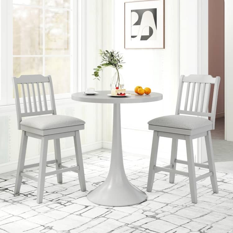 Grey Counter Bar Stools Set of 2 with 360 Swivel Padded Cushions, Rubber Wood Frame and Footrests - 18.5" x 22.5" x 42"