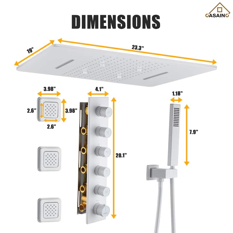 Luxury Thermostatic Shower System 5-Spray Patterns 20"x24" Ceiling Mount Fixed and Handheld Shower Head with 3 Body Sprayer Jets