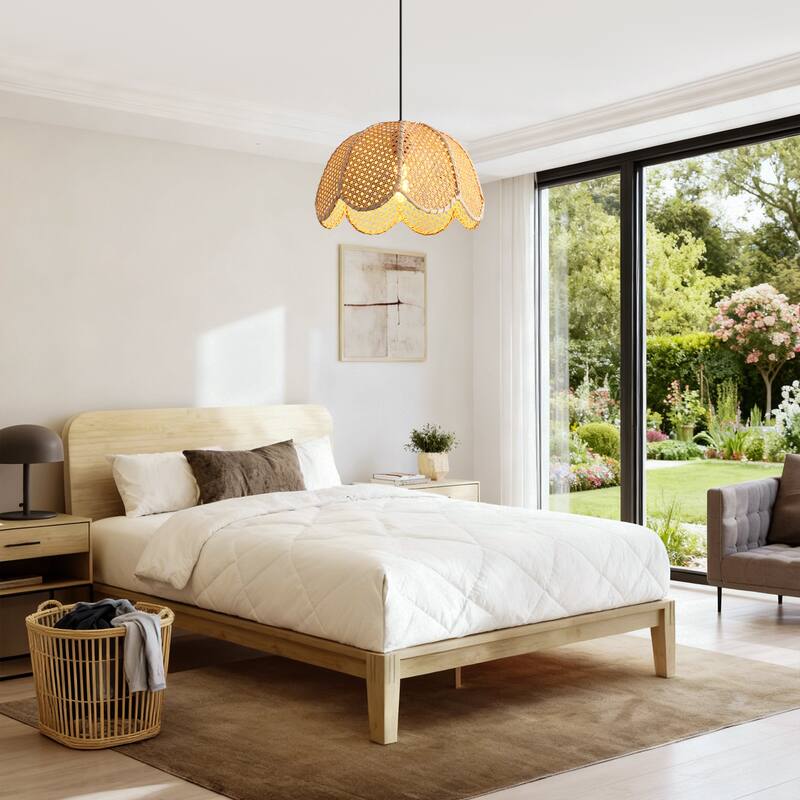 1-Light Farmhouse Flower Shaped Brown Hand-Woven Natural Rattan Hanging Pendant Light - 15.7" W x 55" H