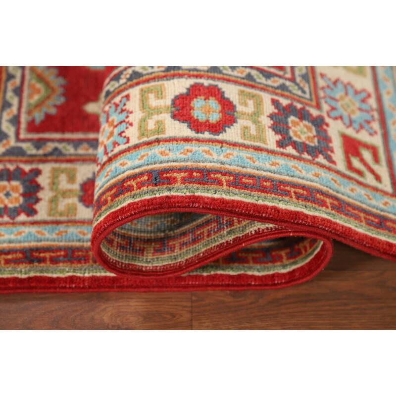 Red Kazak Foyer Rug Handmade Geometric Wool Carpet - 2'9" x 3'10"