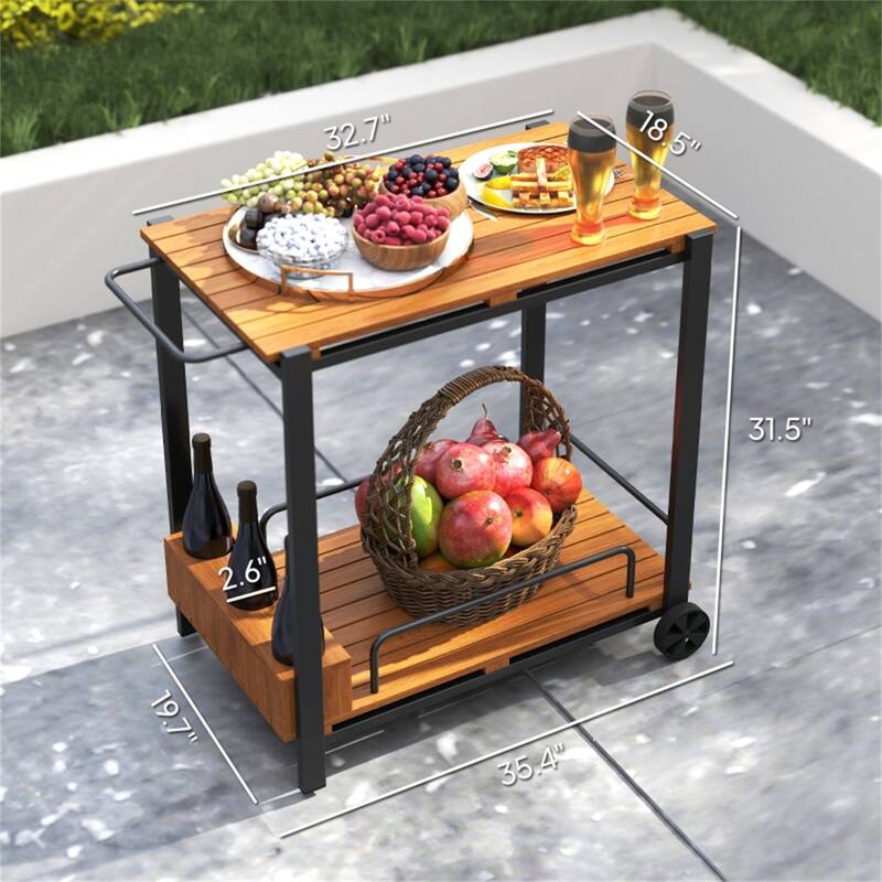 Teak Acacia Wood and Steel Outdoor Bar Cart with Two Tiers, Bottle Holders, Wheels, and Handle Mobile Serving Cart