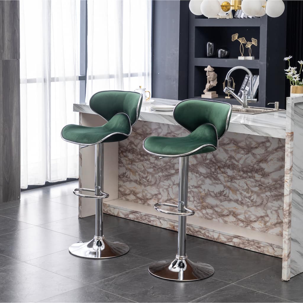 Velvet Swivel Barstool Bistro Counter Chair Dining Chair 2 Set, Green