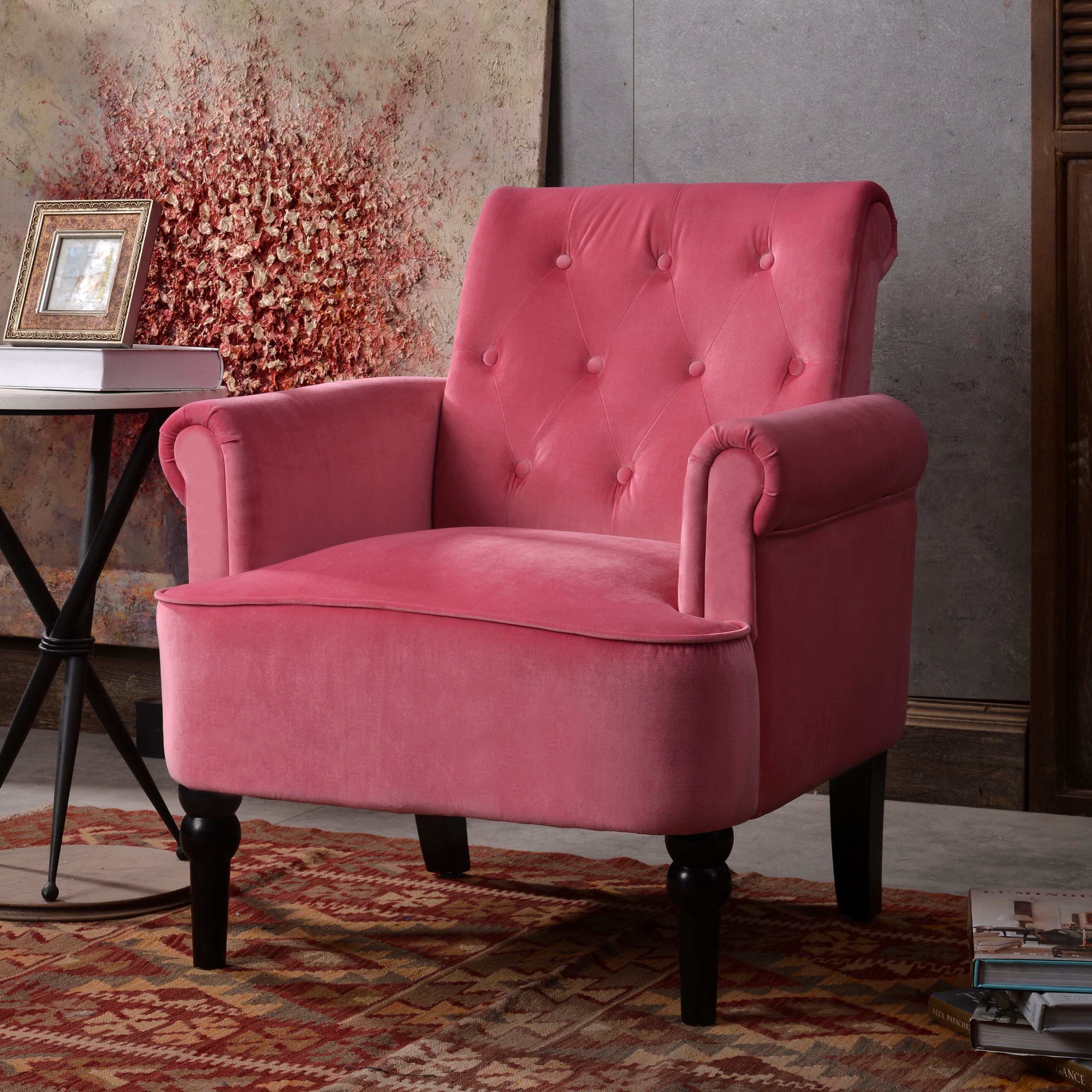 Rolled arm tufted store chair
