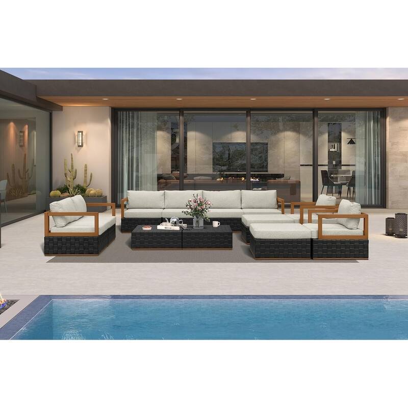 PURPLE LEAF GLFSF Open-End Black sofa with white seat Outdoor Couch for Yard Porch Deck Patio Conversation Sets - 8seats+ 2 Ottomans+2 Tables - Open-End