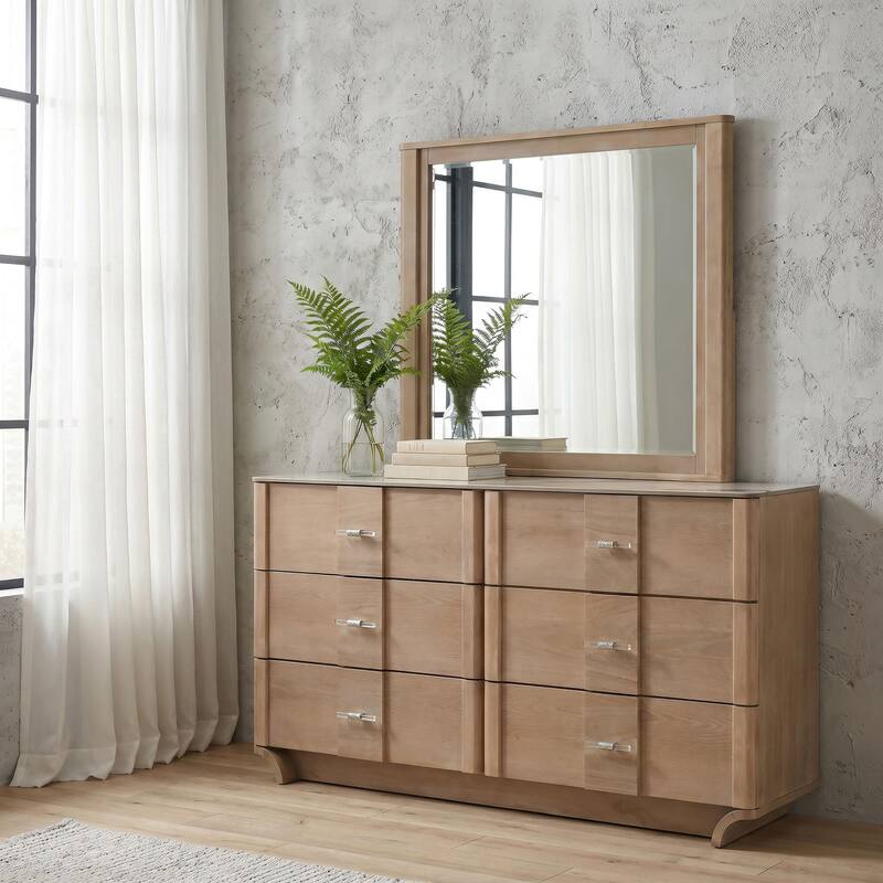 Leanne 6-drawer Sinter Stone Top Dresser Cabinet Light Oak - Light Oak - Dresser with Mirror