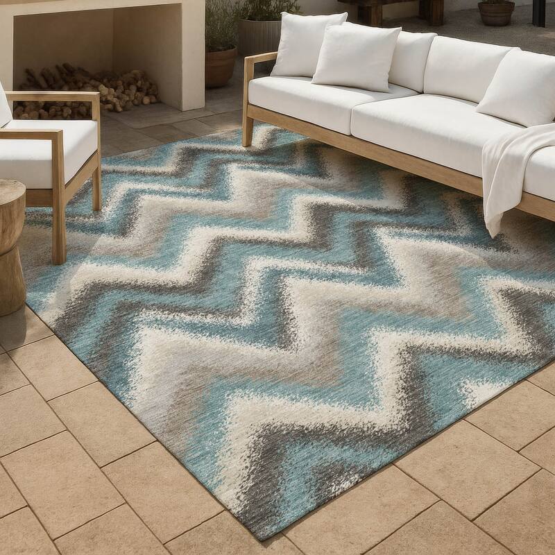 Machine Washable Indoor/ Outdoor Modern Chevron Chantille Rug - Teal - 10' x 14'