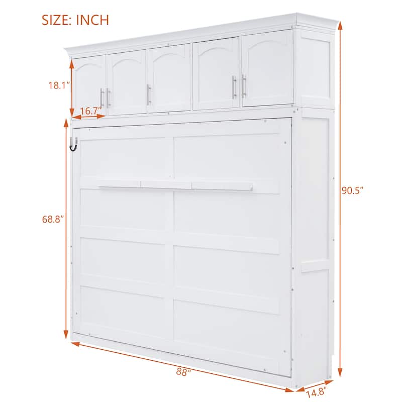 Queen Size Murphy Wall Bed with Top Cabinets, Space Saving Cabinet Bed with Storage, No Box Spring Needed