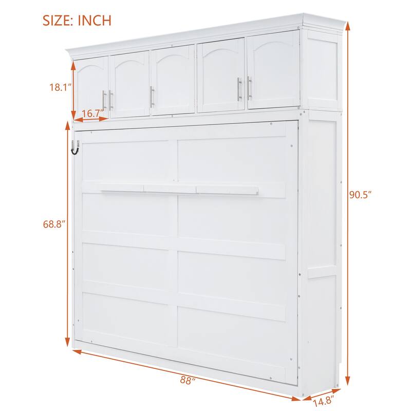 White Queen Size Wall Bed with Top Cabinets - Space Saving Foldable Murphy Bed for Guest Room