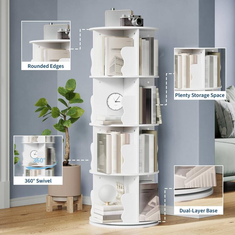 Rotating Bookcase, Standing Shelf with 4 Levels, 360° Floorstanding Wooden Bookcase, Office Shelf