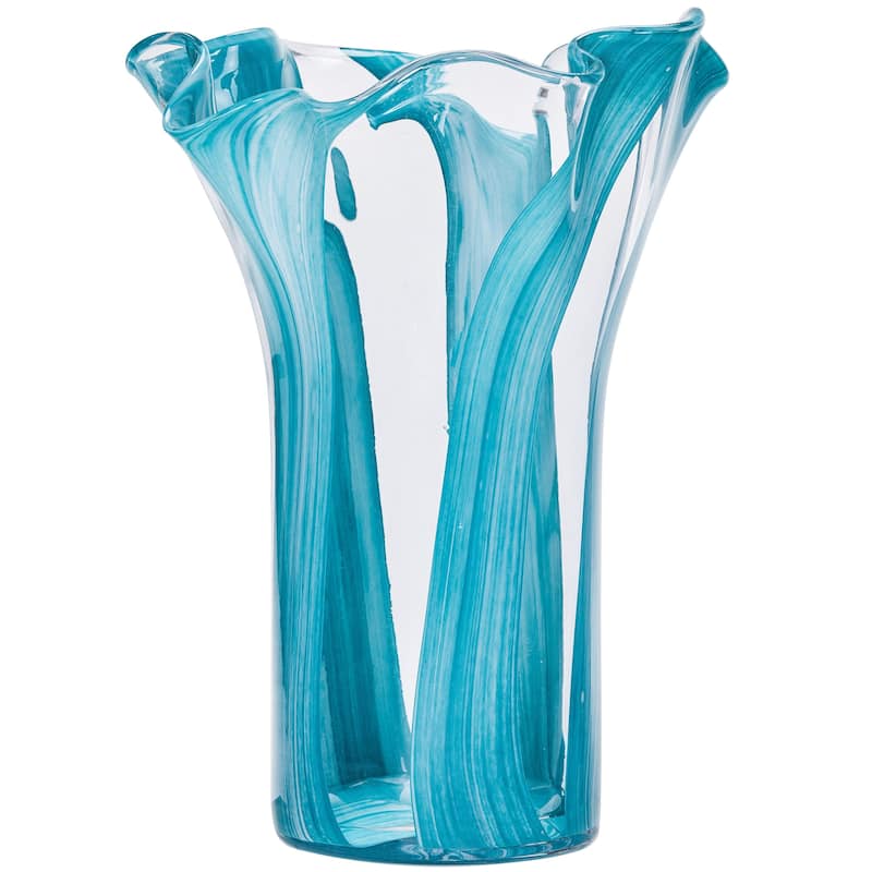 Set of Two Green Striped Handblown Glass Vases
