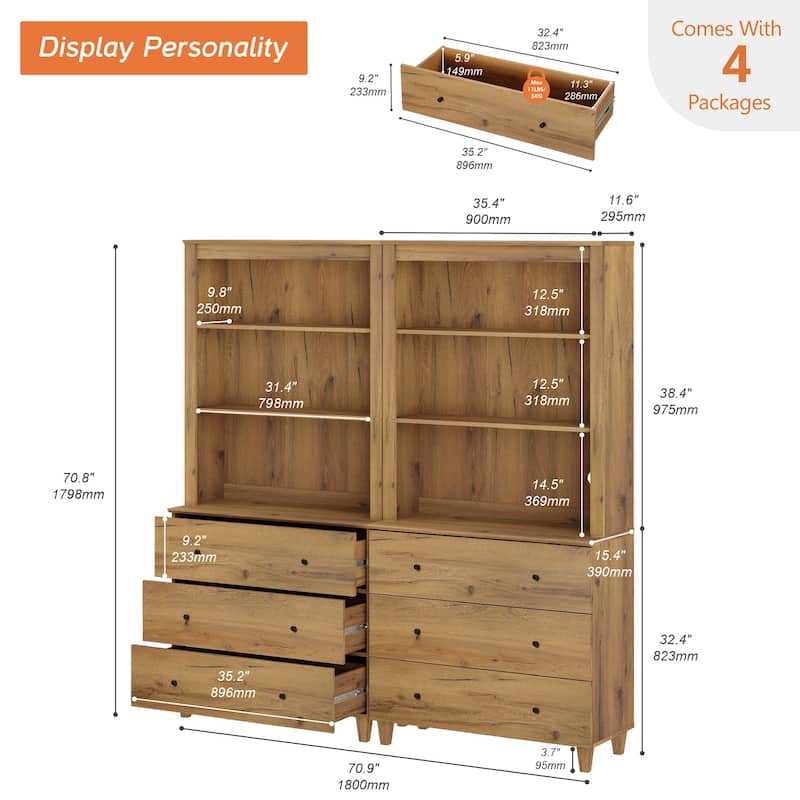 Modern 71" Tall Bookcase with Drawers & Open Shelves for Home Office