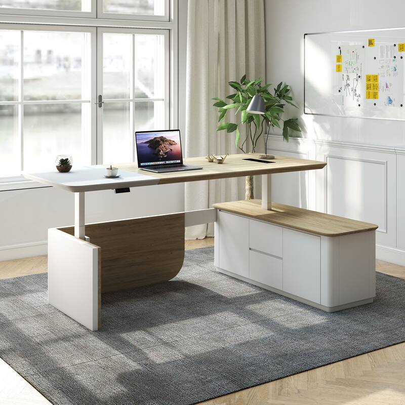 WESOME White Adjustable L Shaped Desk with LED Power Outlets, Electric Sit and Stand Desk