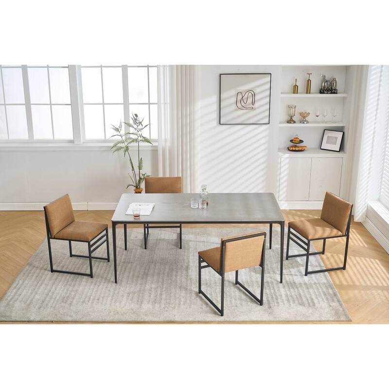 Set of 2 Modern Dining Chairs, Coffee Brown Linen Upholstery with Minimalist Iron Frame