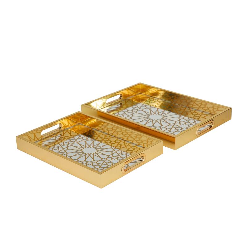 Polished Gold Plastic Mirrored Geometric Tray (Set of 2)