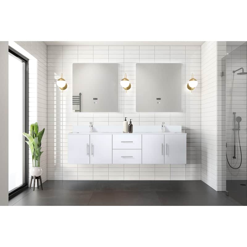 Geneva 72 in. W x 22 in. D Dark Grey Double Bath Vanity, White Quartz Top, Faucet Set, and 30 in. LED Mirrors