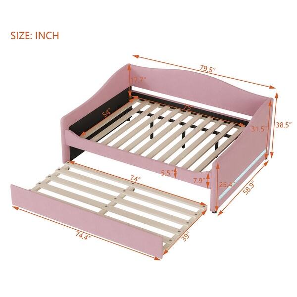Teddy Fleece Frame Daybed Pink Full Sofa Bed wTrundle Side Light Strip