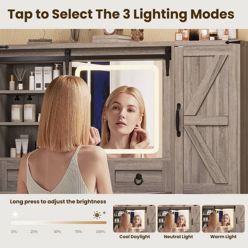 42.52" Farmhouse Dresser with Sliding LED Mirror, Glass Table Top and Stool