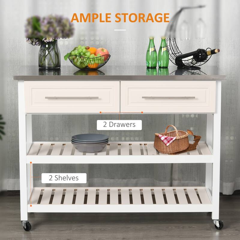 HOMCOM Stainless Steel Top Kitchen Island Rolling Utility Cart with Drawers & Shelves - White