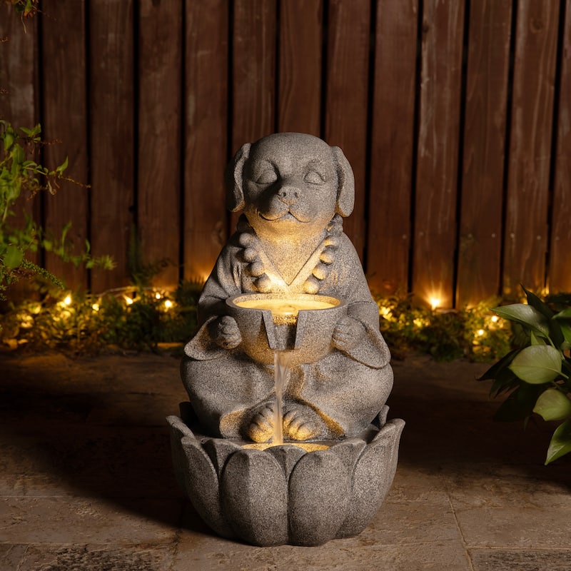 Glitzhome 21.75"H 2-Tiered Zen-Style Polyresin Cat Dog Statue Outdoor Fountain with LED Lights