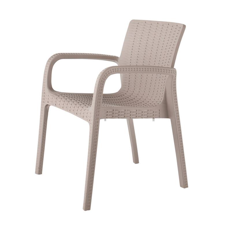 HomeRoots Set of Two Taupe Faux Rattan Heavy Duty Plastic Outdoor Stacking Arm Chairs