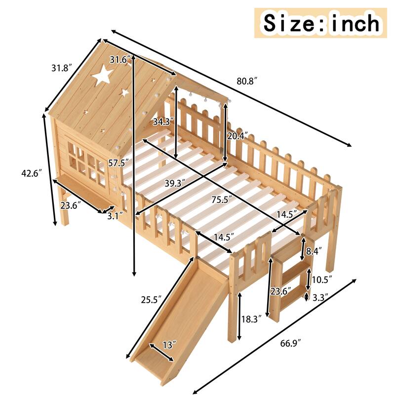 House Loft Bed with Slide and LED Lights, Kids Playhouse Bed with Star & Moon Cutout Roof and Window, Low Loft Bed