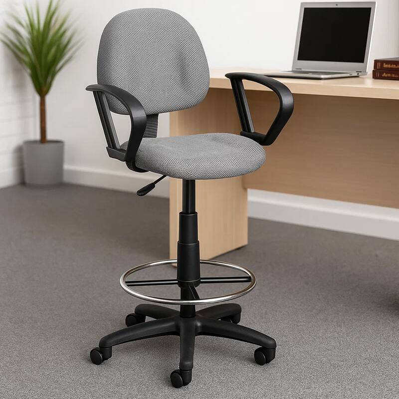 Jea Drafting Stool Chair, Loop Arms, Gray Tweed, Round Footring