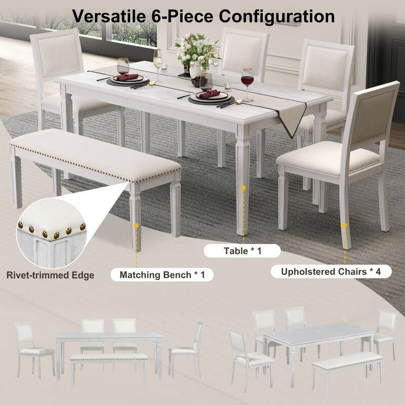 6-Piece Vintage Extendable Dining Table Set with a 13" Leaf, 4 Chairs and 1 Bench