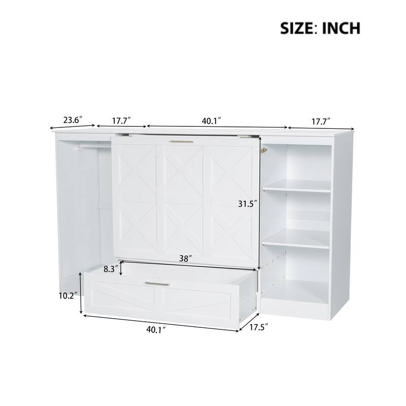 White Twin Size Foldable Murphy Bed Convert Cube Cabinet Bed Console Chest with Bedside Shelves, Wardrobe, Drawers