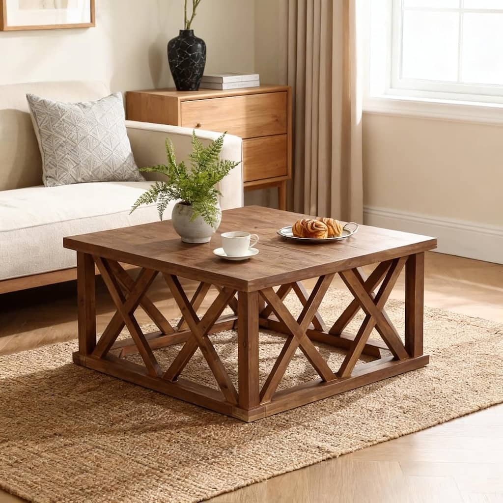 Solid Wood Coffee Table, 39.37-Inch Square, Farmhouse Style, Reinforced X-Frame, Brown, for Living Room, Apartment, Office