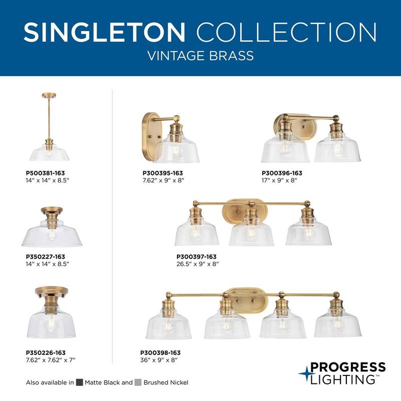 Singleton Collection 3-Light 26.5 in. Vintage Brass Vanity Light with Clear Glass Shades - Small
