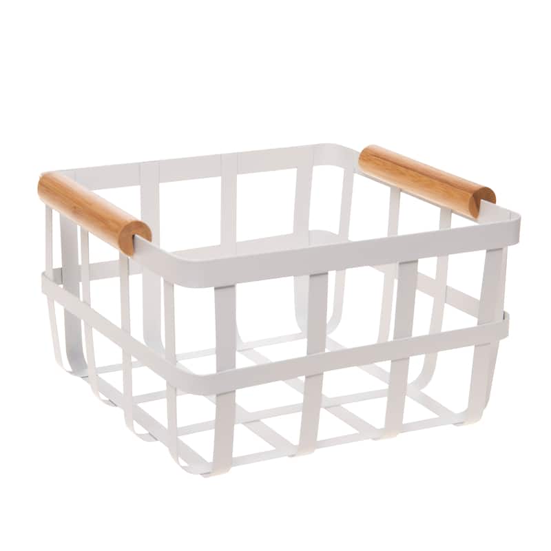 Simplify Square Metal Basket with Bamboo Handles - 8.27 x 8.27 x 4.81 - White