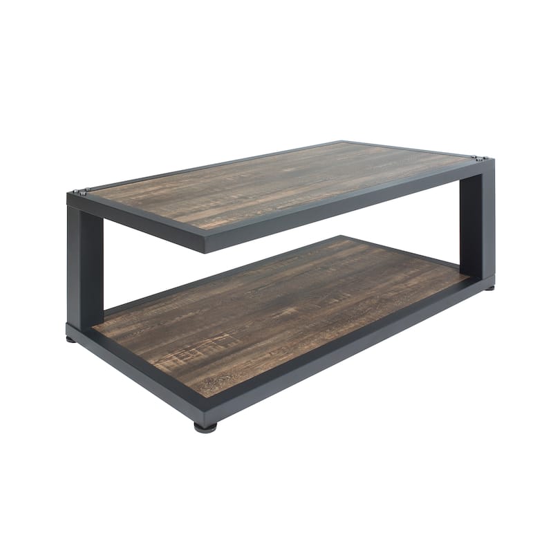 Farrow Rustic Dark Walnut and Sand Black Steel 2-Piece Accent Tables Set with Shelf by Furniture of America