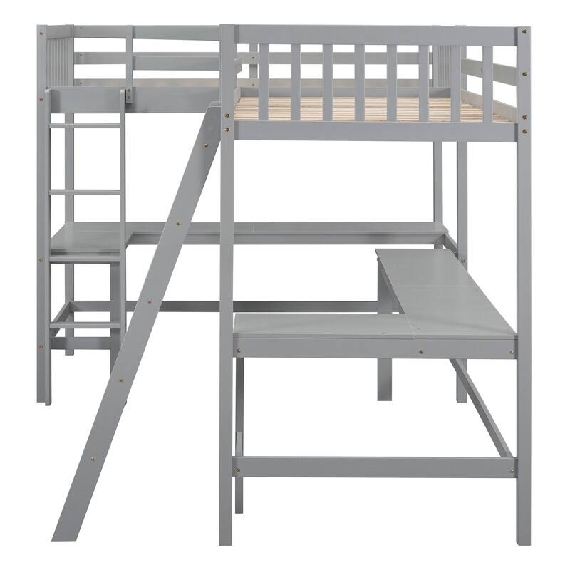 Wood Twin Size L-Shaped Loft Bed with Ladder and 2 Built-in L-Shaped Desks