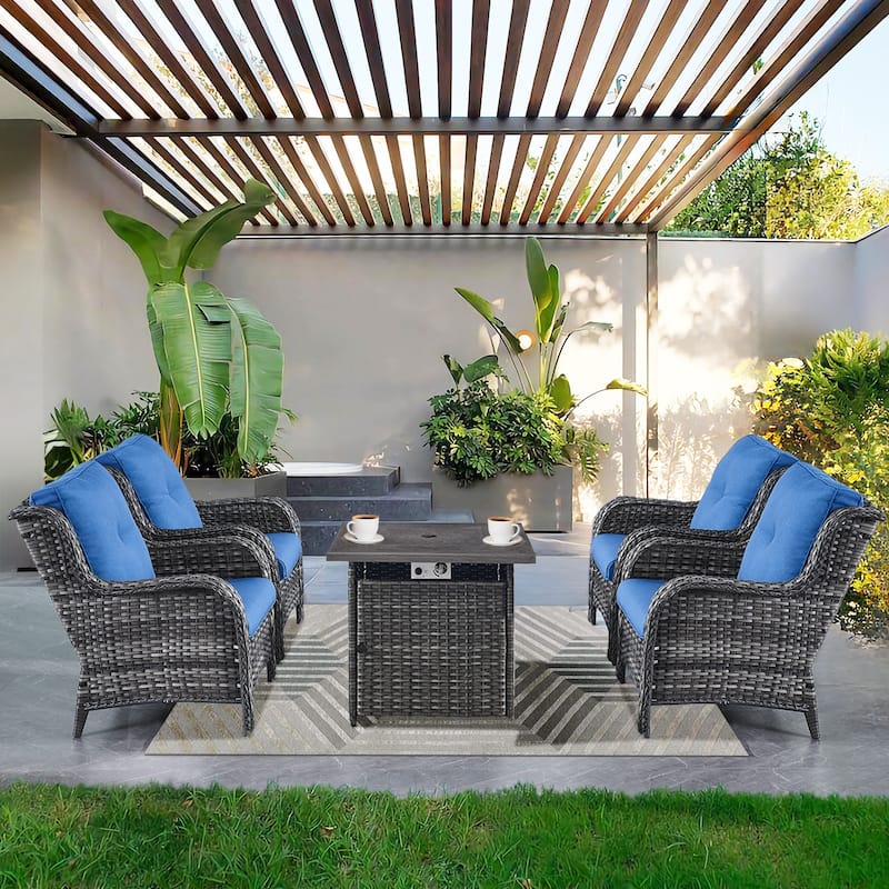 Pocassy Patio Chairs with Fire Pit Table Sets - Grey - Blue