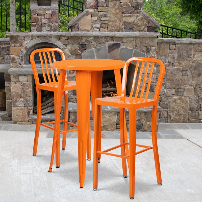 24'' Round Metal Indoor-Outdoor Bar Table Set with 2 Vertical Slat Back Stools - 24"W x 24"D x 41"H - Orange