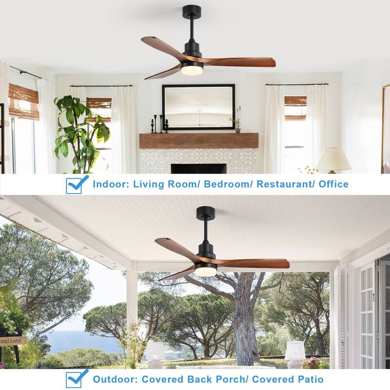 52 Inch Indoor Ceiling Fan With Dimmable Led Light 3 Solid Wood Blades Remote Control Reversible DC Motor Black For Living Room