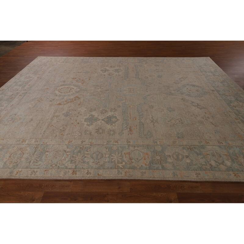 Beige Floral Oushak Turkish Area Rug Hand-Knotted Wool Carpet - 9'0"x 11'9"