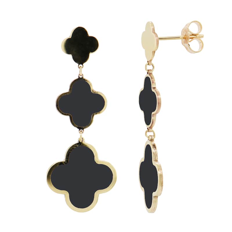 Italian Gold 14K Yellow Gold Dangle Clover Earrings 1.50 Inch Drop - Made in Italy 2.60 gms - Onyx